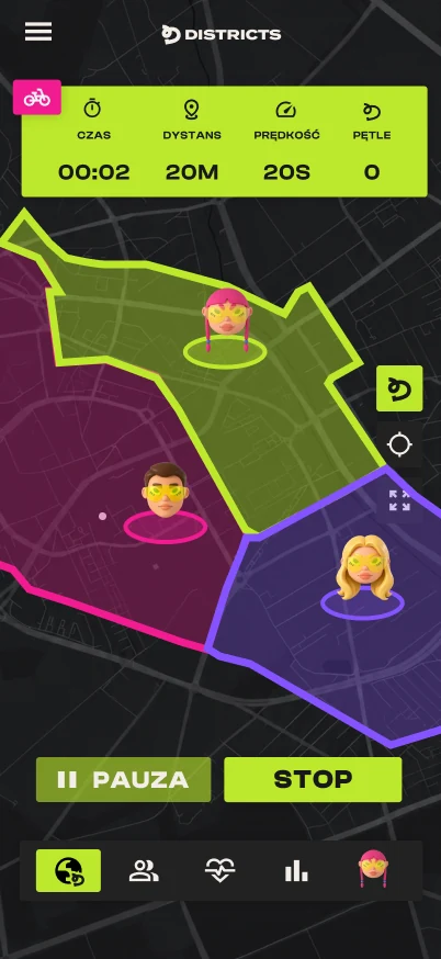 Mapa w aplikacji Districts w trakcie sesji: tereny trzech graczy, pasek czasu i dystansu, przyciski Pauza i Stop